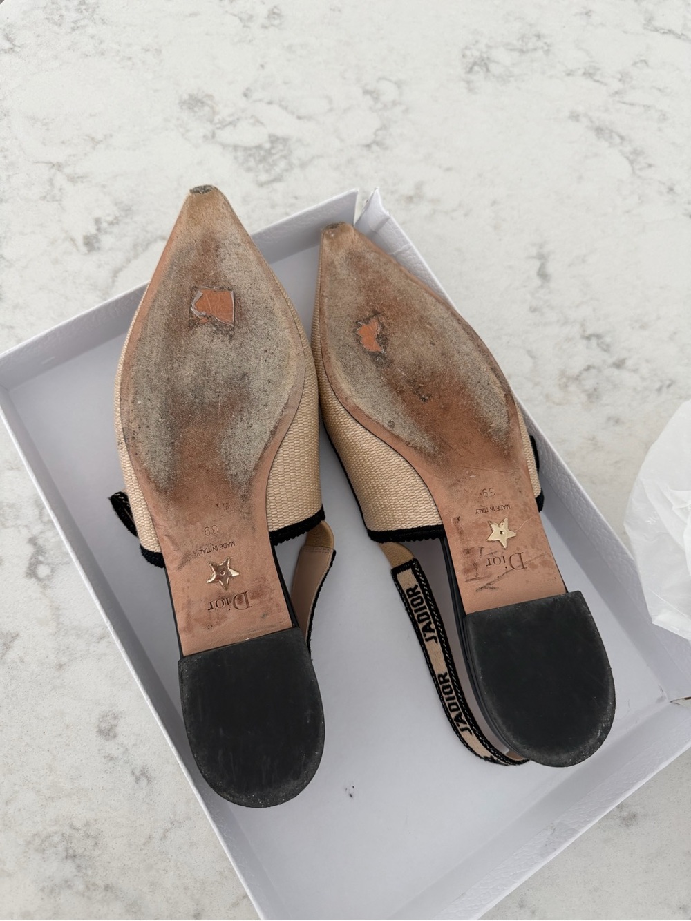 Dior Beige Pointed Raffia Slingback Flats with Black Trimnp - Picture 4 of 6